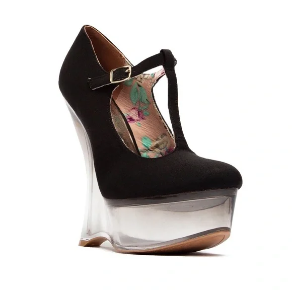 GLAM PLATFORM BLACK T-STRAP WEDGE SANDAL HEEL - Picture 2 of 4